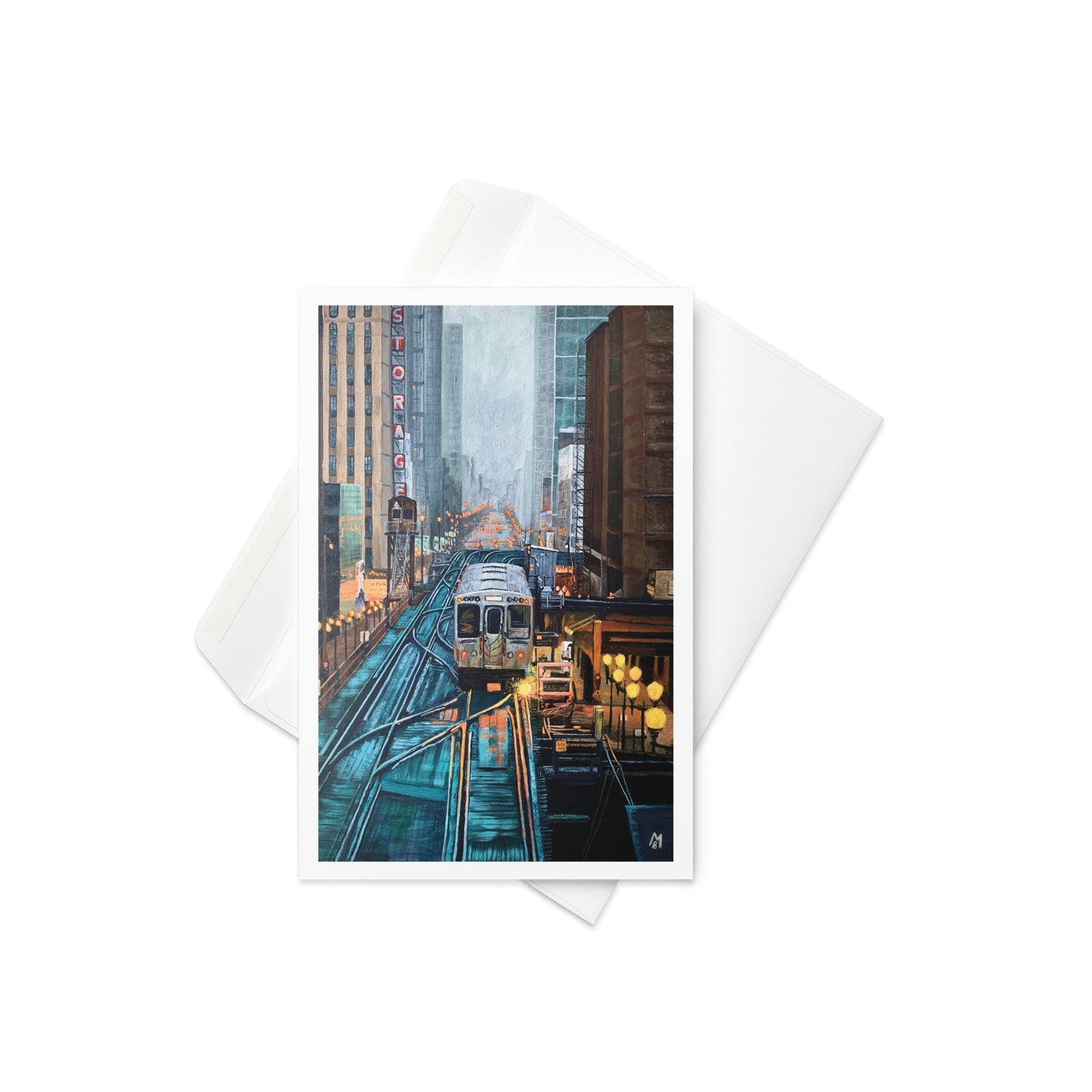 Foggy Downtown Train Greeting Card