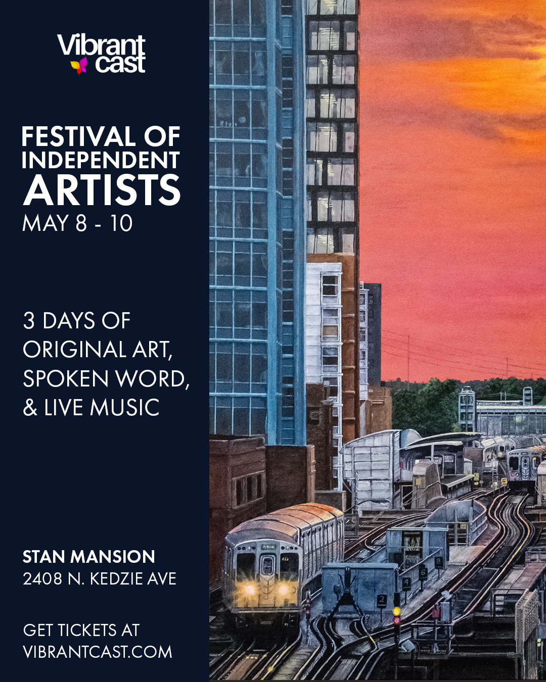 Promotional poster for a Festival of Independent Artists event with a cityscape and train tracks.